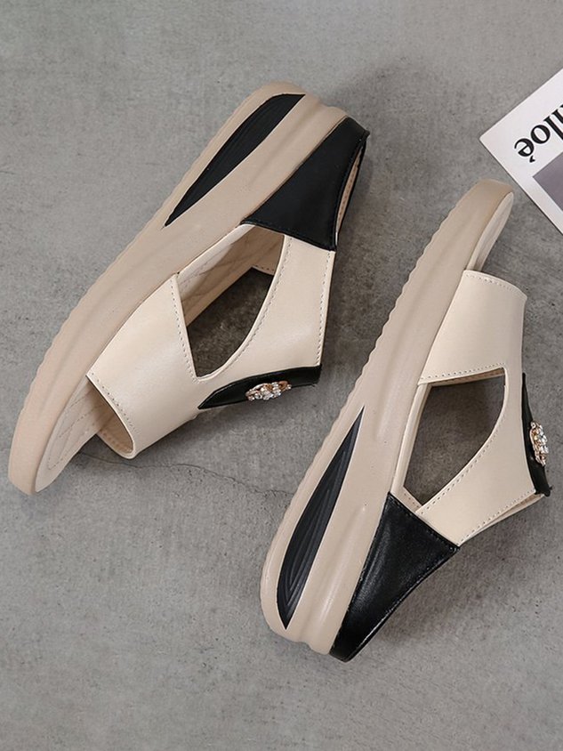Rhinestone Floral Contrast Panel Wedge Slides