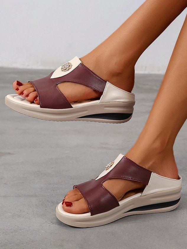 Rhinestone Floral Contrast Panel Wedge Slides