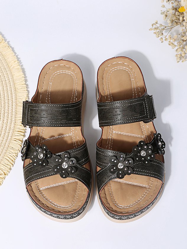 Rhinestone Three-dimensional Flower Comfortable Casual Velcro Slippers