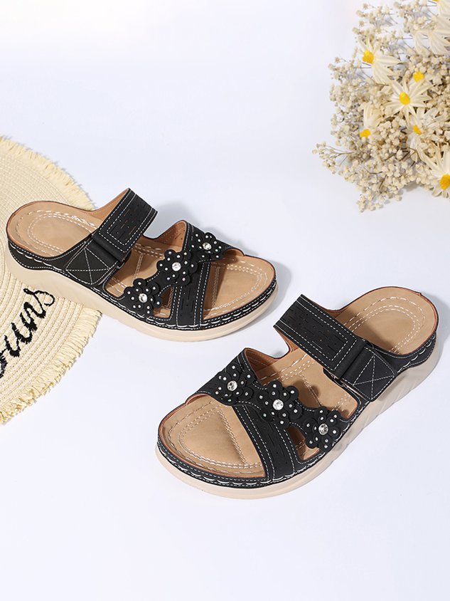 Rhinestone Three-dimensional Flower Comfortable Casual Velcro Slippers