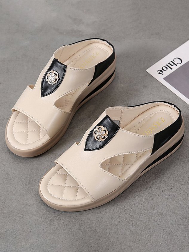 Rhinestone Floral Contrast Panel Wedge Slides