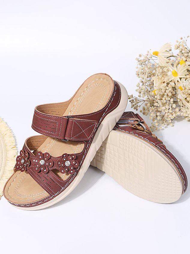 Rhinestone Three-dimensional Flower Comfortable Casual Velcro Slippers