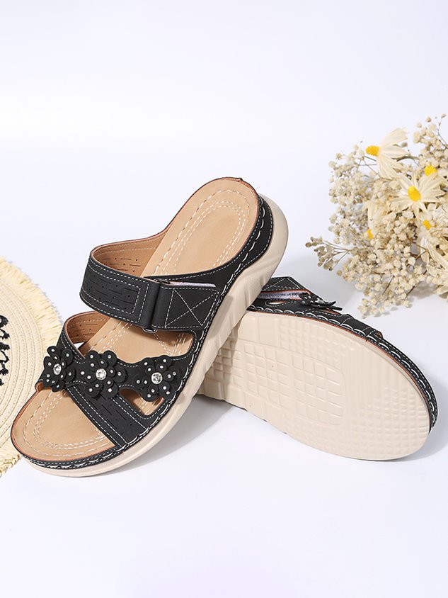 Rhinestone Three-dimensional Flower Comfortable Casual Velcro Slippers