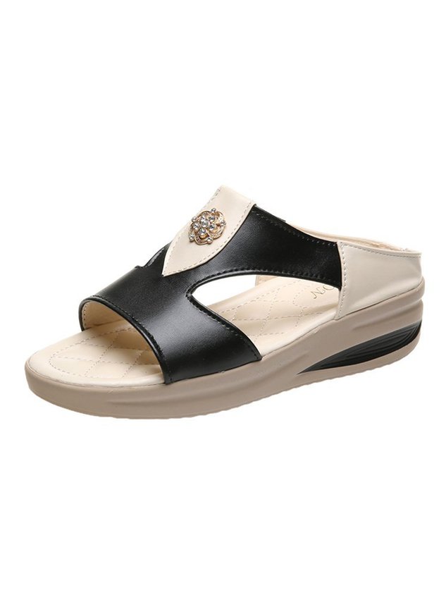 Rhinestone Floral Contrast Panel Wedge Slides