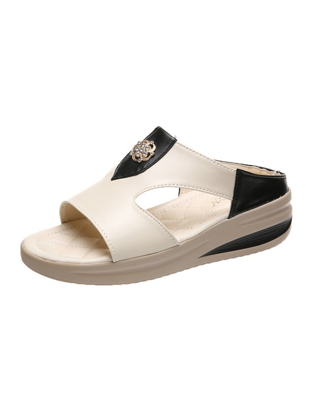 Rhinestone Floral Contrast Panel Wedge Slides