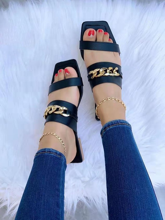 Gold Chunky Chain Square Toe Slippers