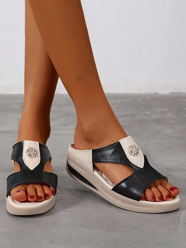 Rhinestone Floral Contrast Panel Wedge Slides