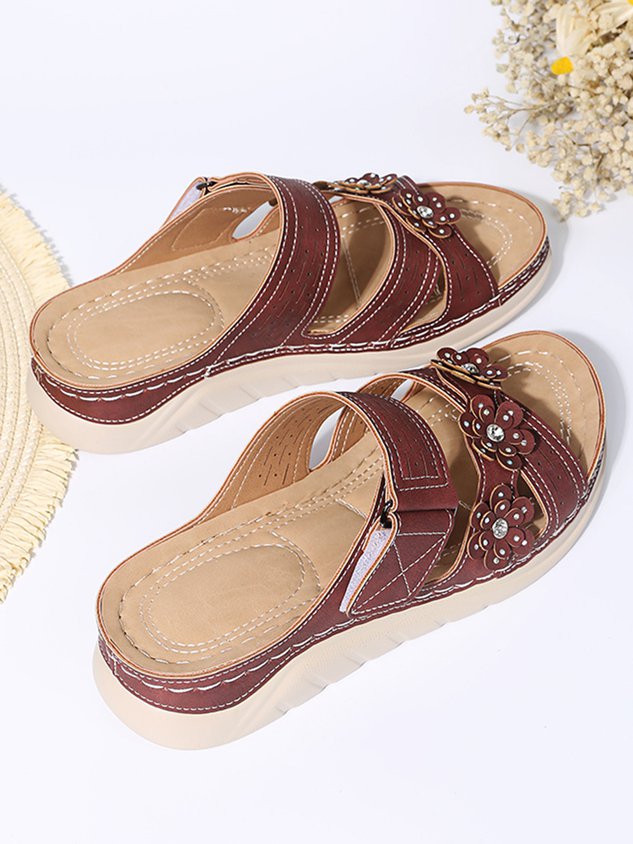 Rhinestone Three-dimensional Flower Comfortable Casual Velcro Slippers