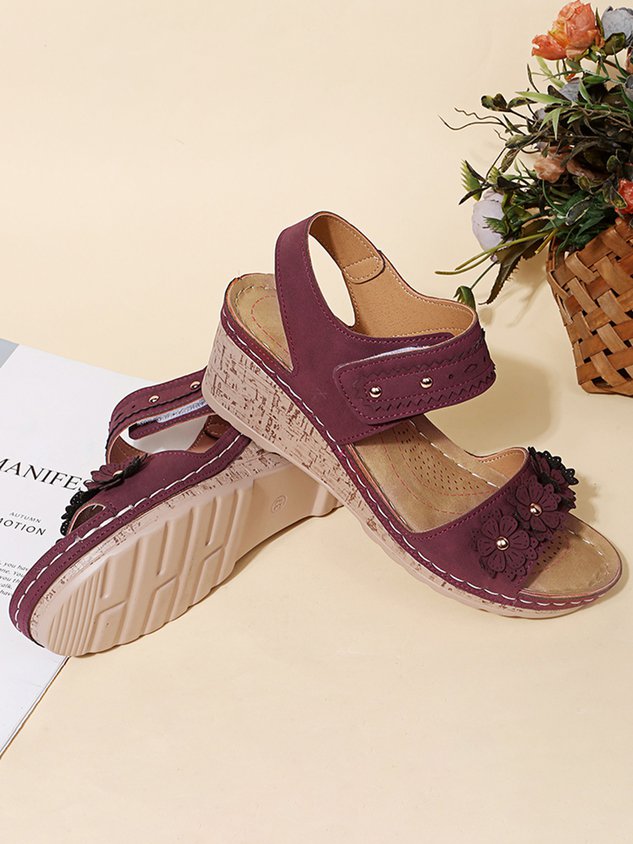 Beaded 3D Floral Casual Wedge Sandals