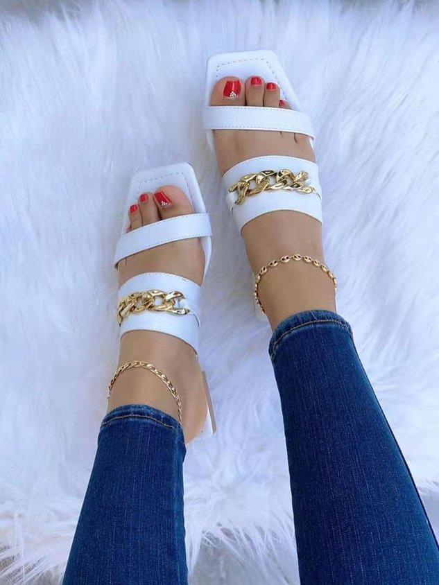 Gold Chunky Chain Square Toe Slippers