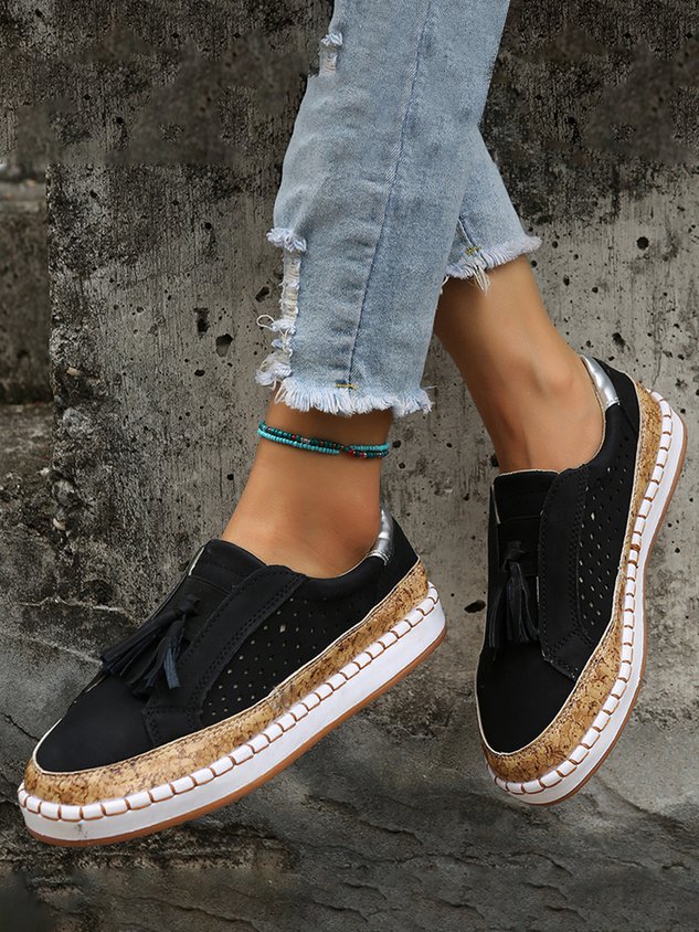 Fringe Embellished Cutout Breathable Flats