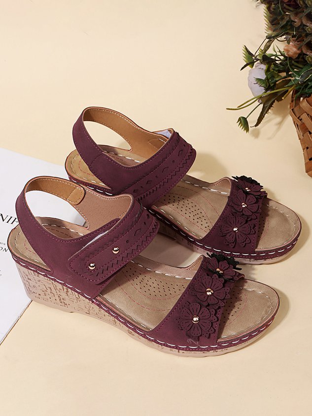 Beaded 3D Floral Casual Wedge Sandals