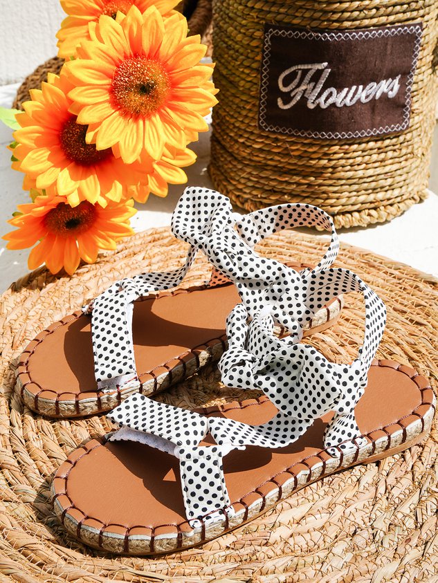 Bow Upper Polka Dot Print Velcro Braided Sandals