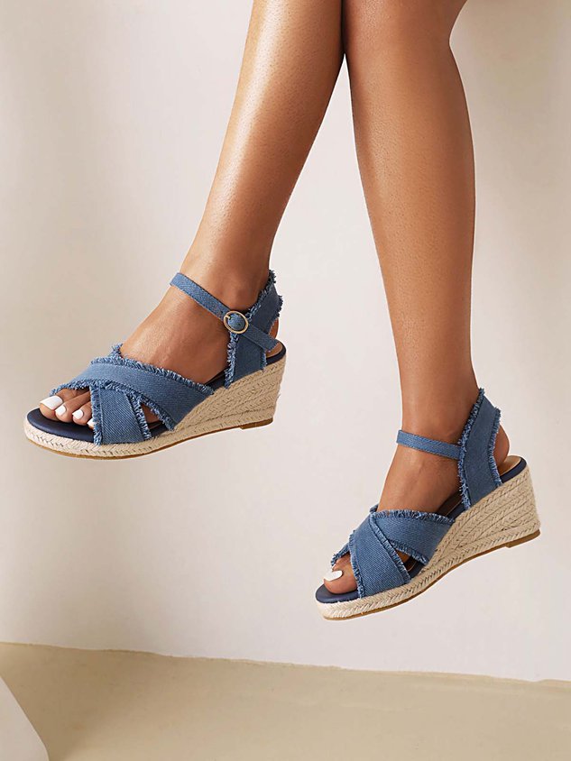 Canvas Braided Strap Cross Boho Straw Wedge Sandals