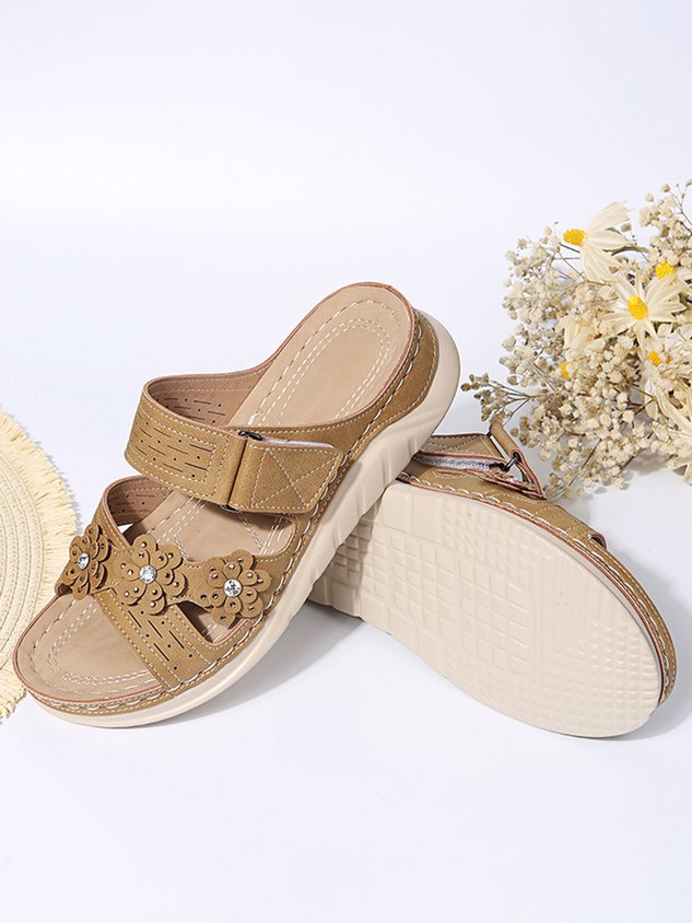 Rhinestone Three-dimensional Flower Comfortable Casual Velcro Slippers