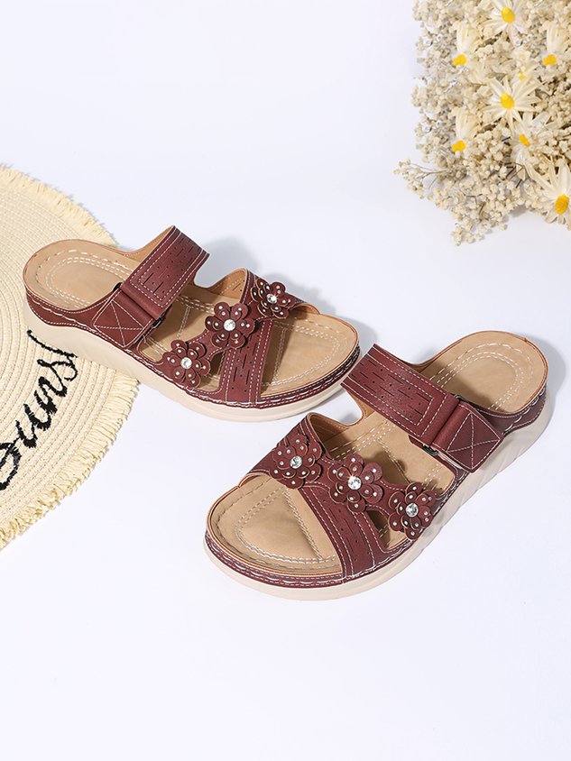 Rhinestone Three-dimensional Flower Comfortable Casual Velcro Slippers