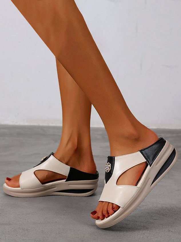 Rhinestone Floral Contrast Panel Wedge Slides