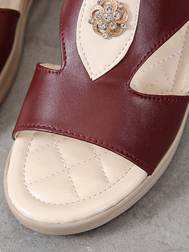Rhinestone Floral Contrast Panel Wedge Slides