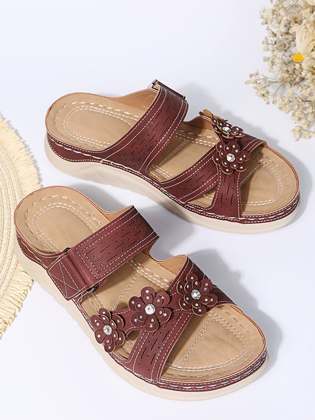 Rhinestone Three-dimensional Flower Comfortable Casual Velcro Slippers