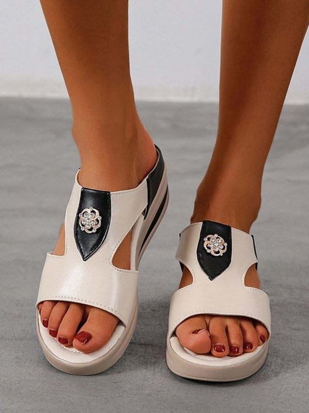 Rhinestone Floral Contrast Panel Wedge Slides