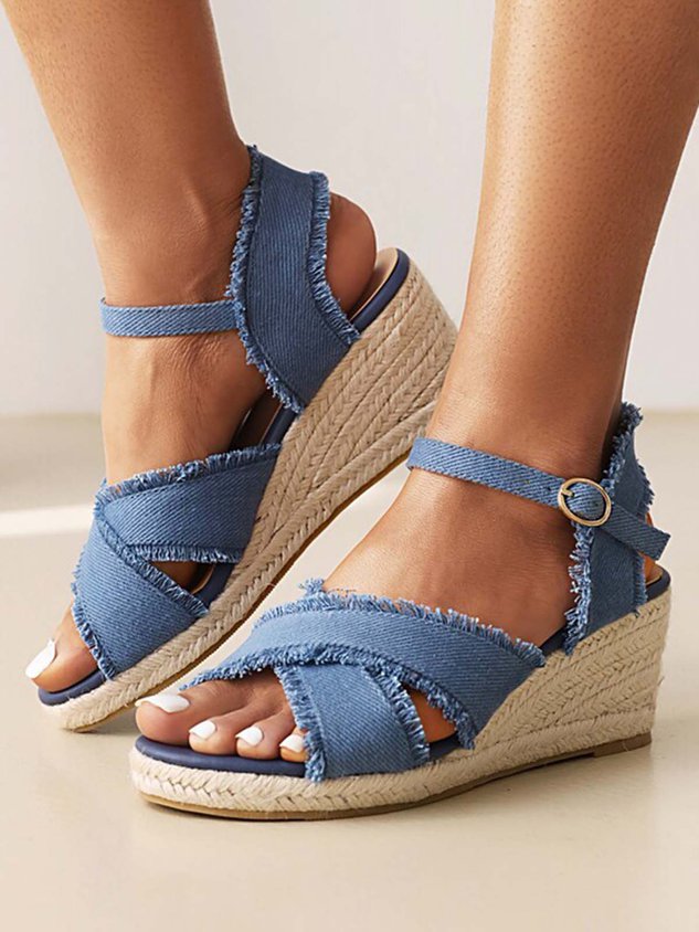 Canvas Braided Strap Cross Boho Straw Wedge Sandals