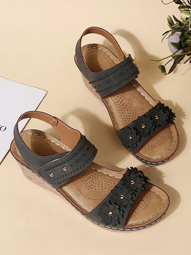 Beaded 3D Floral Casual Wedge Sandals