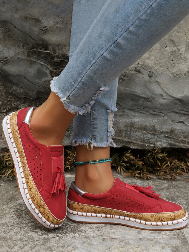 Fringe Embellished Cutout Breathable Flats