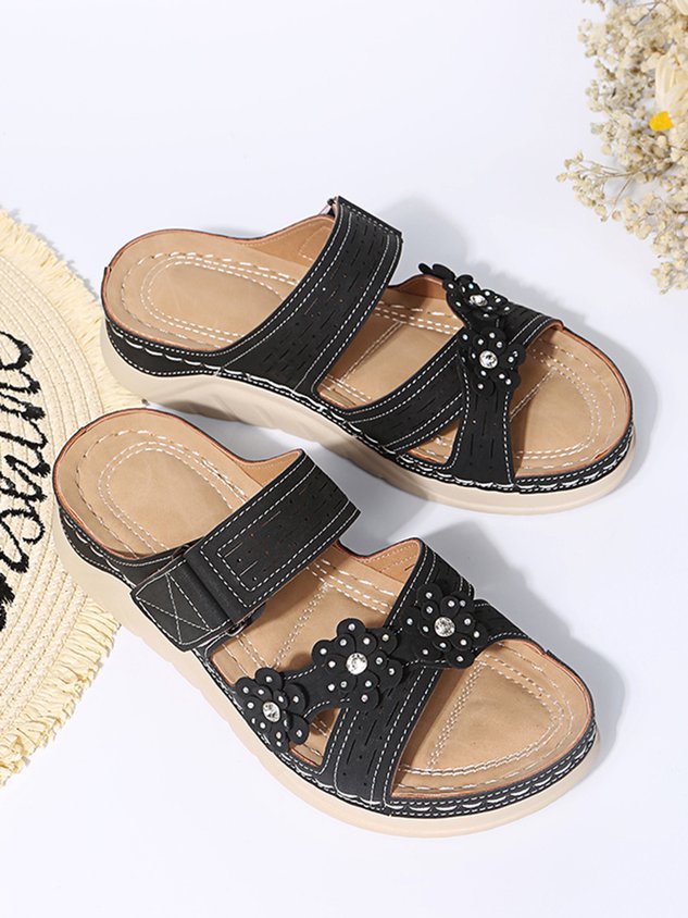 Rhinestone Three-dimensional Flower Comfortable Casual Velcro Slippers