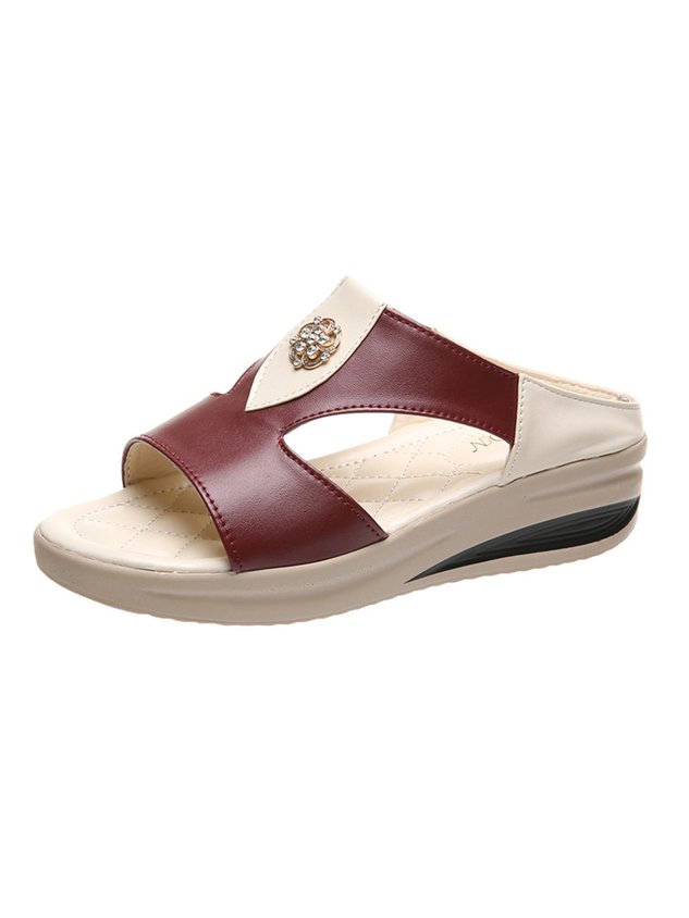 Rhinestone Floral Contrast Panel Wedge Slides