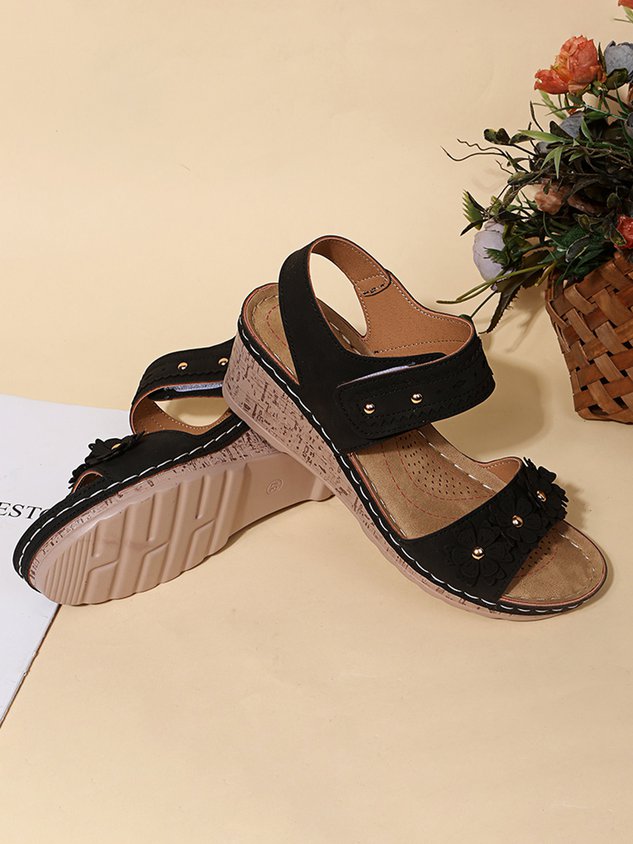 Beaded 3D Floral Casual Wedge Sandals