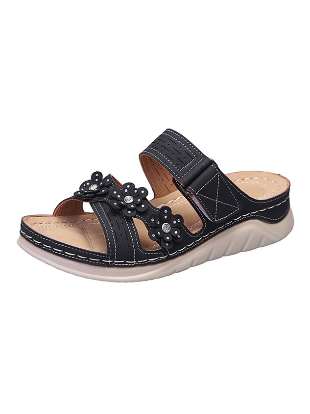 Rhinestone Three-dimensional Flower Comfortable Casual Velcro Slippers