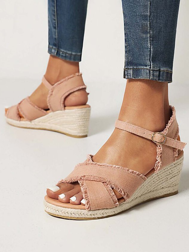 Canvas Braided Strap Cross Boho Straw Wedge Sandals