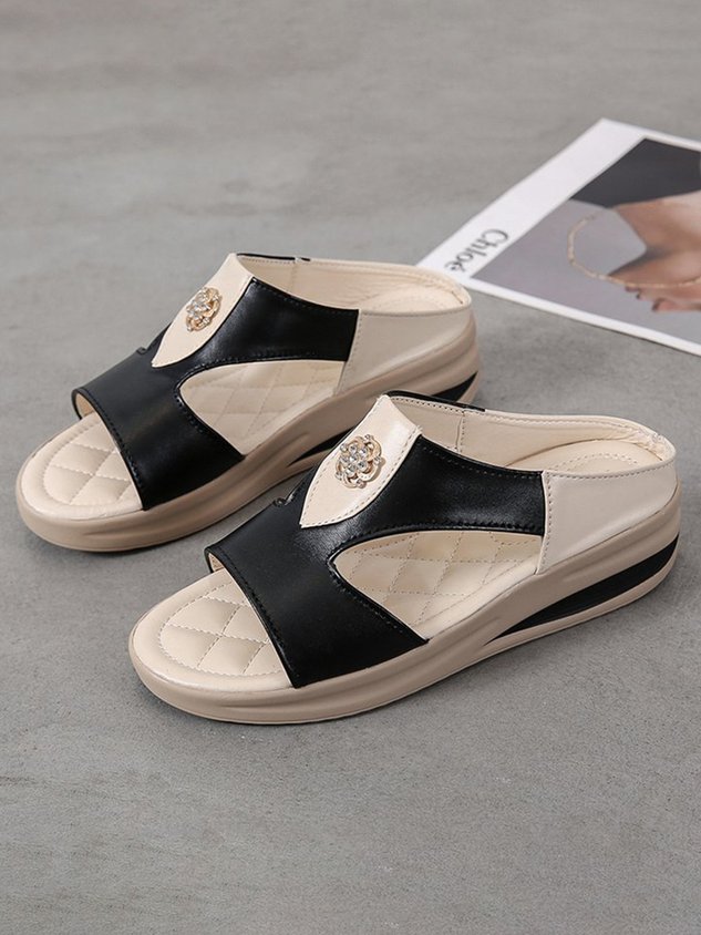 Rhinestone Floral Contrast Panel Wedge Slides
