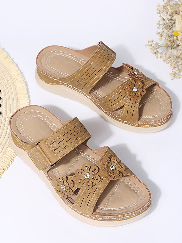 Rhinestone Three-dimensional Flower Comfortable Casual Velcro Slippers