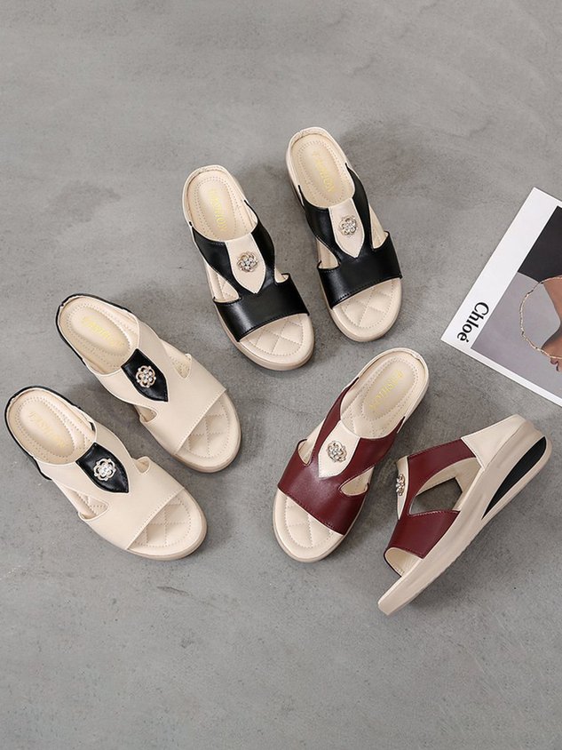 Rhinestone Floral Contrast Panel Wedge Slides