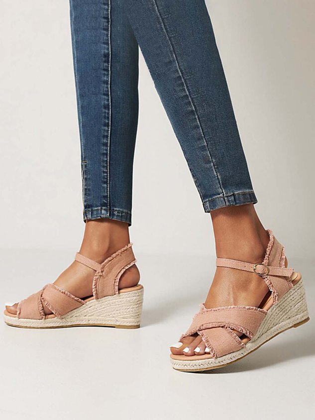 Canvas Braided Strap Cross Boho Straw Wedge Sandals