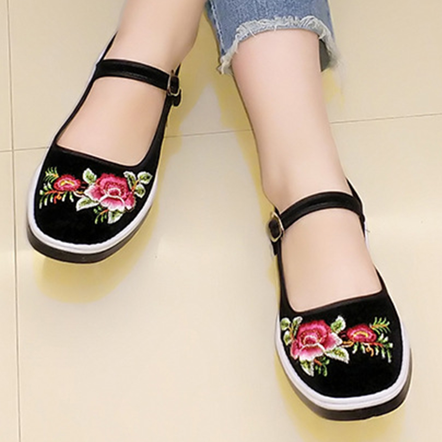 Embroidery Floral  Flat  Cotton  Ankle Strap  Round Toe  Casual Flat & Loafers