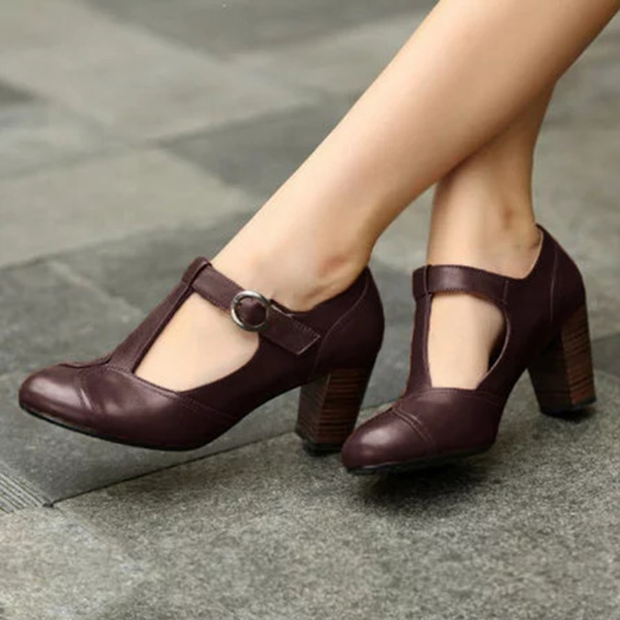 Vintage Plain  Chunky  High Heeled  Round Toe  Date Travel Pumps