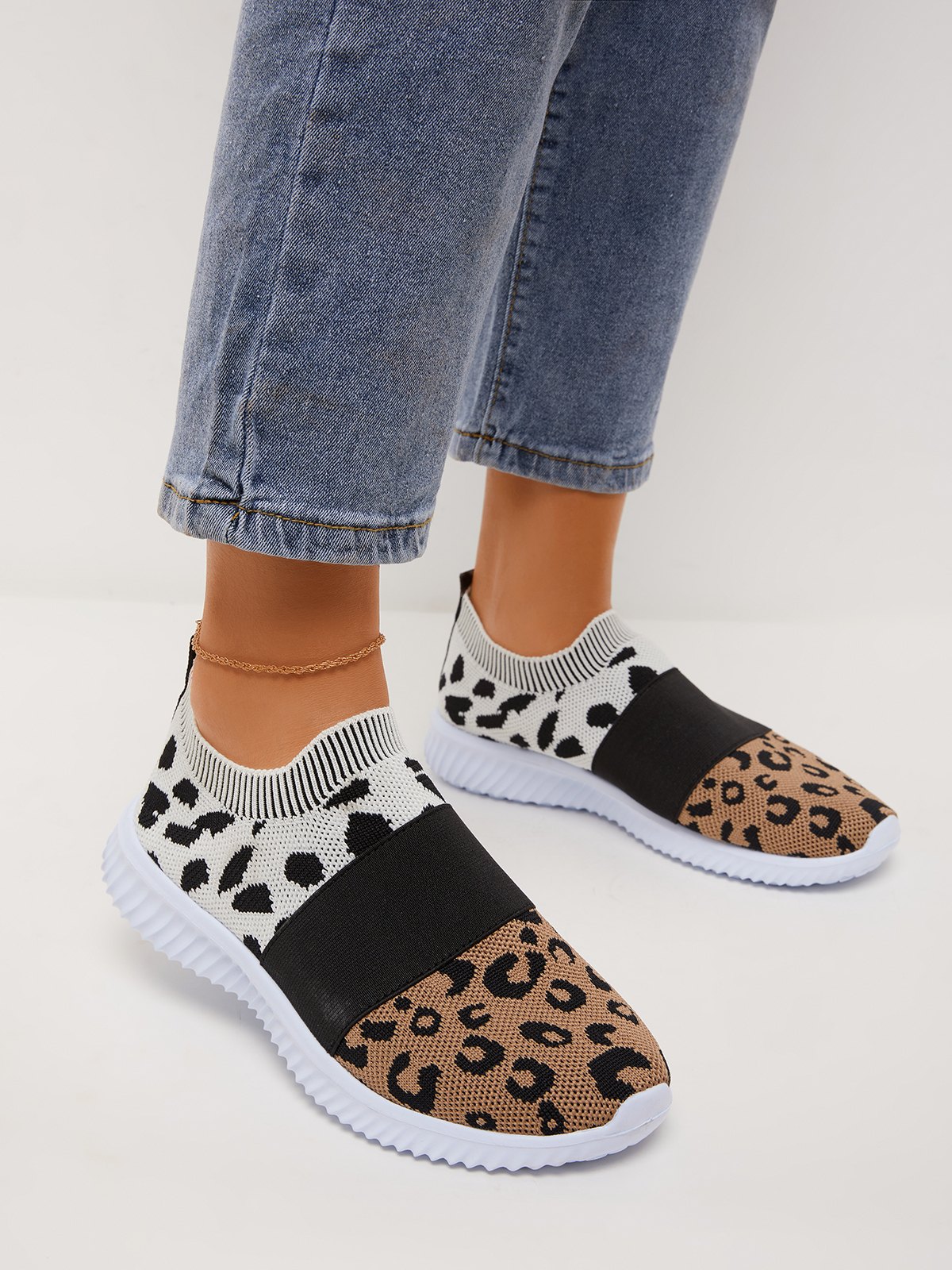 Flyknit Leopard Contrast Colour Casual Shoes