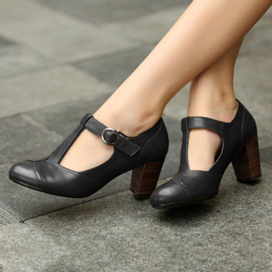 Vintage Plain  Chunky  High Heeled  Round Toe  Date Travel Pumps