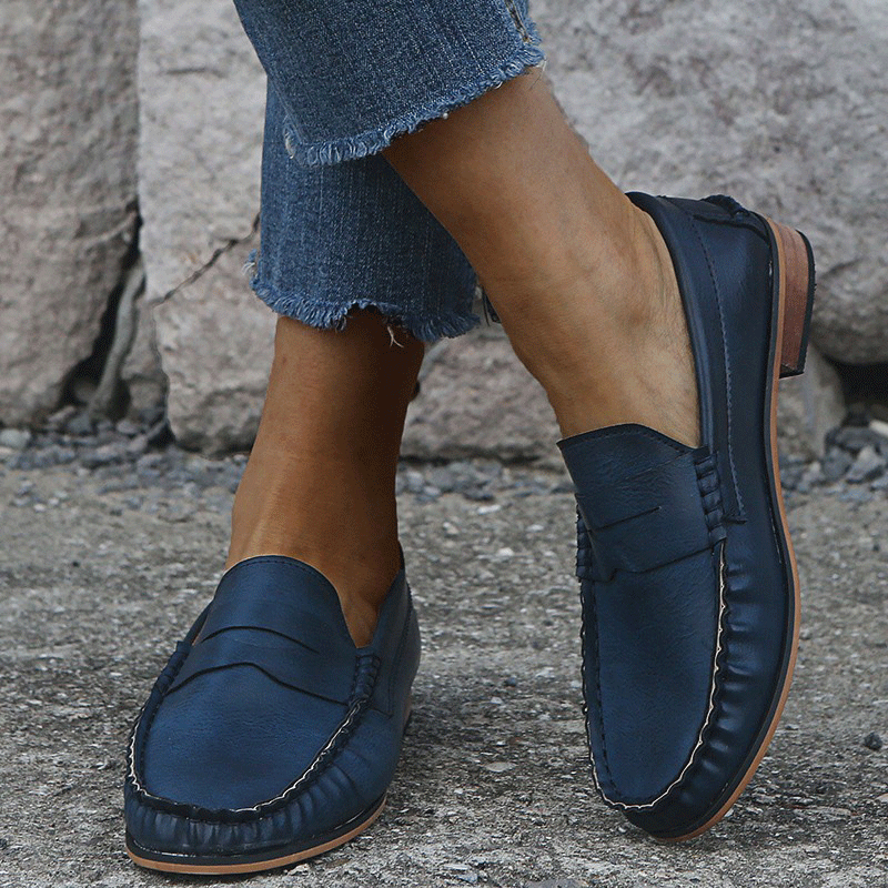 British style solid color thick heel leather shoes