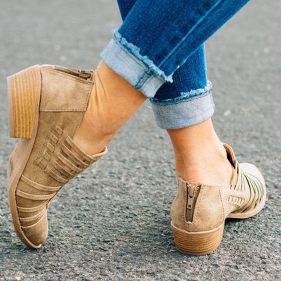 Plain  Chunky  Mid Heeled  Point Toe  Outdoor Ankle Boots