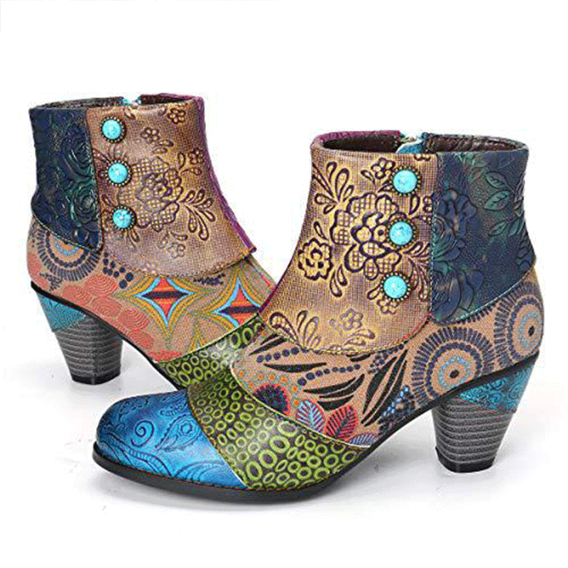 Retro fashion hand stitched jacquard short boots