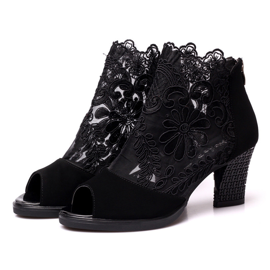 Chunky  High Heeled  Lace Velvet  Peep Toe  Date Peep-Toe Heels