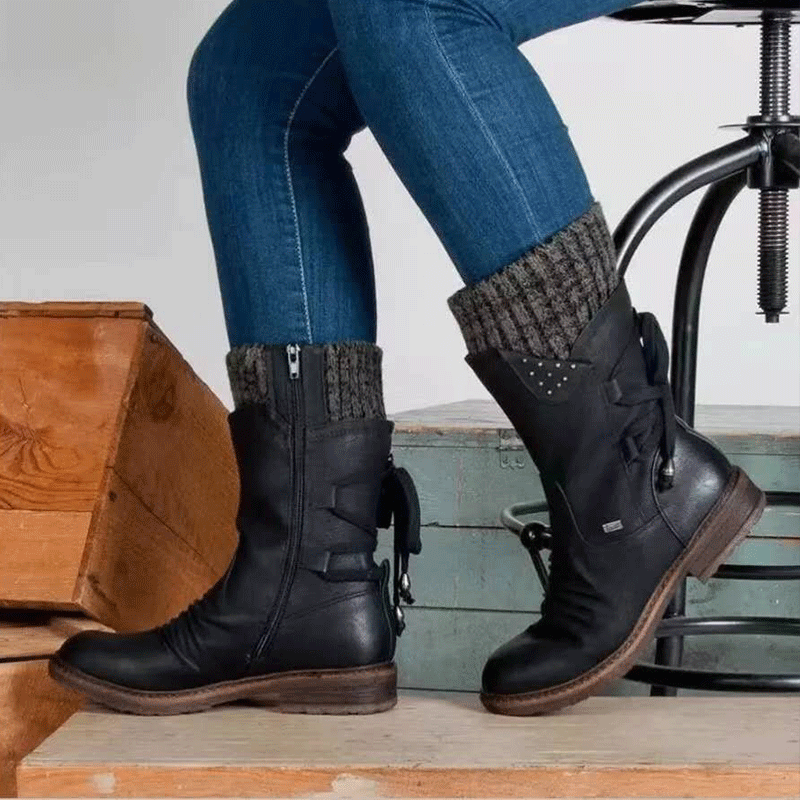 Round toe mid-tube women's boots with thick heel straps