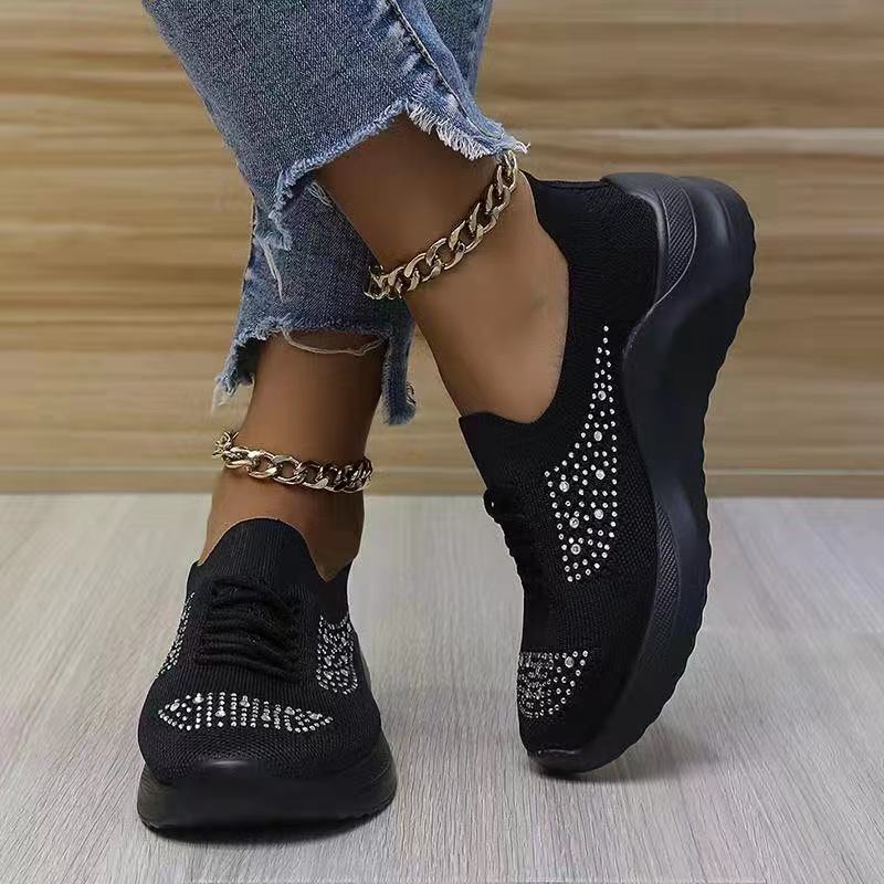 Women's Flying Woven Rhinestone Lace-up Sneakers