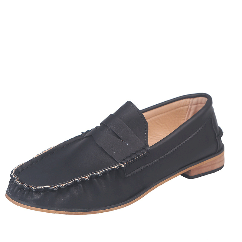 British style solid color thick heel leather shoes