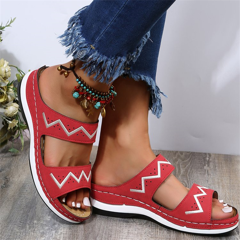 Ladies Retro Round Toe Double Row With Cutout Beach Slippers