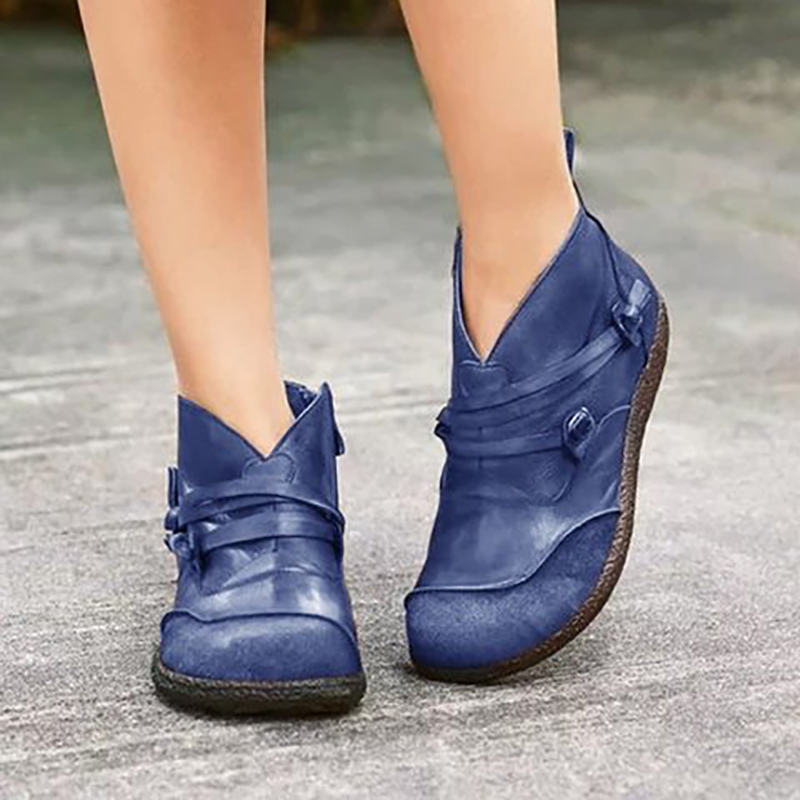 Vintage Women Patchwork Round Toe Side Zipper Shoes