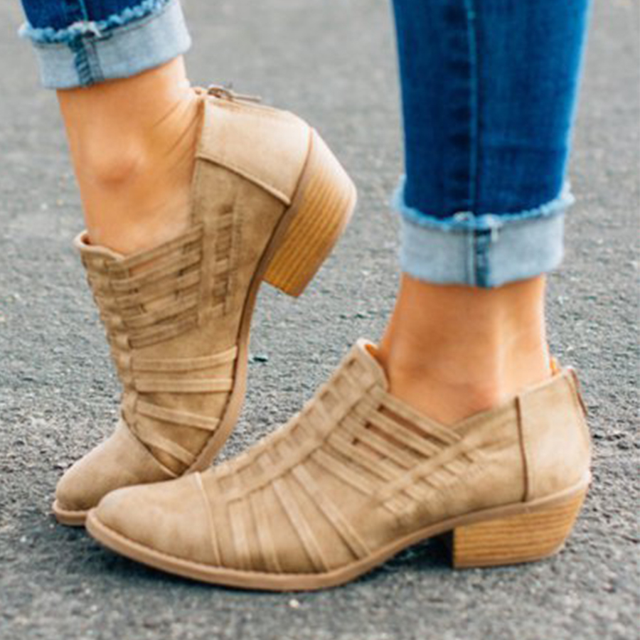 Plain  Chunky  Mid Heeled  Point Toe  Outdoor Ankle Boots